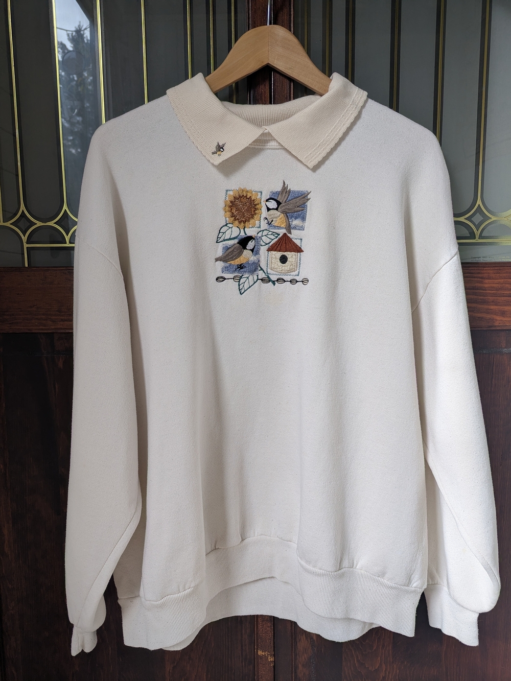 Cream Collared Embroidered Bird & Sunflower Sweater